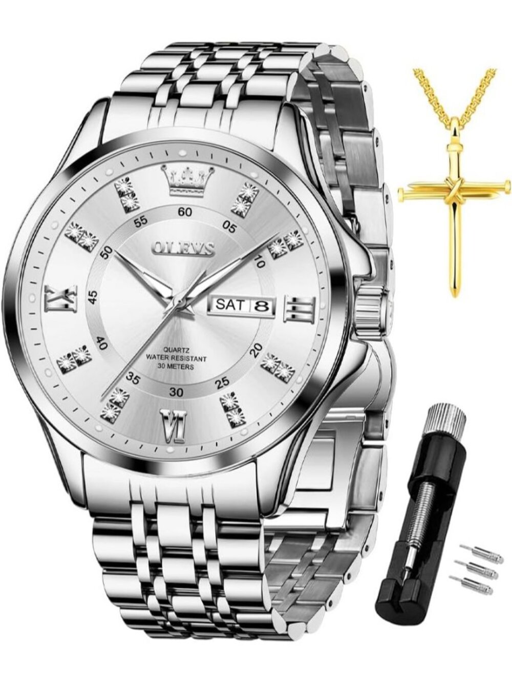 Men's Silver Diamond Stainless Steel Waterproof Luminous Analog Luxury Watch